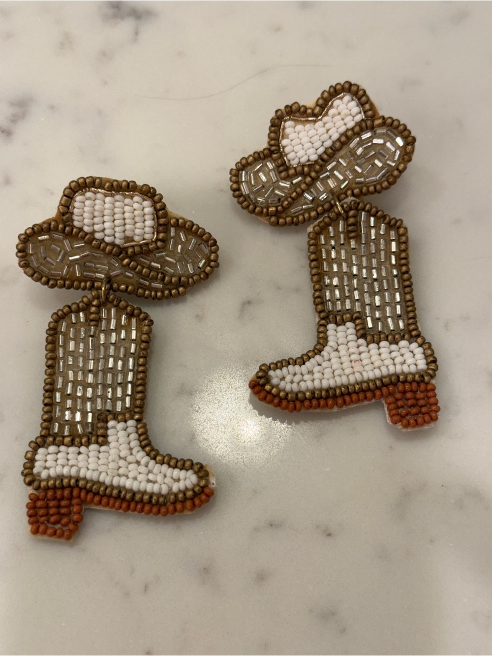 Beaded Cowboy Boot Earrings - White, Brown & Tan - Picture 1 of 2